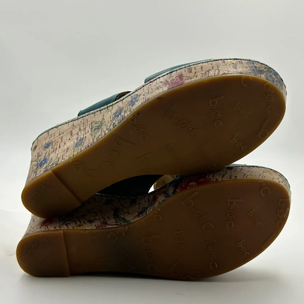 b.o.c. Wedge Sandals Womens 9 Teal Floral Cork Platform Mules C42613 Boho Summer